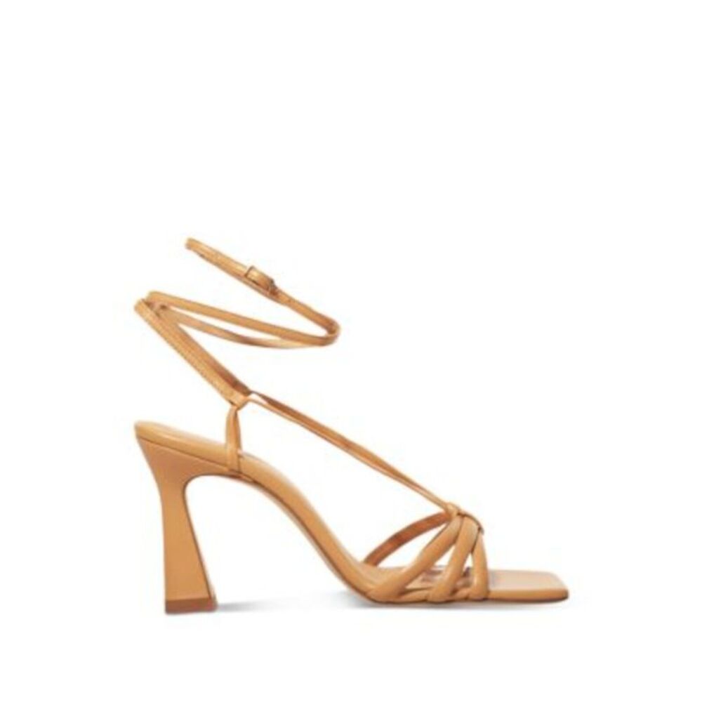 CHELSEA PARIS Womens Beige Remy Square Toe Flare Leather Heeled Sandal 39